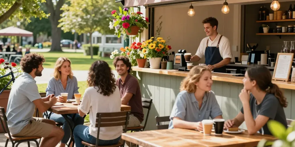 Customers enjoying coffee at a café, showcasing a rokok88 vibe of community and relaxation.