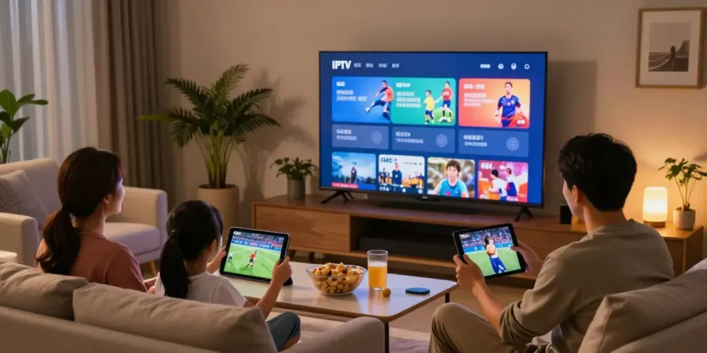 Family enjoying abbonamento IPTV in a cozy living room with smart TV.