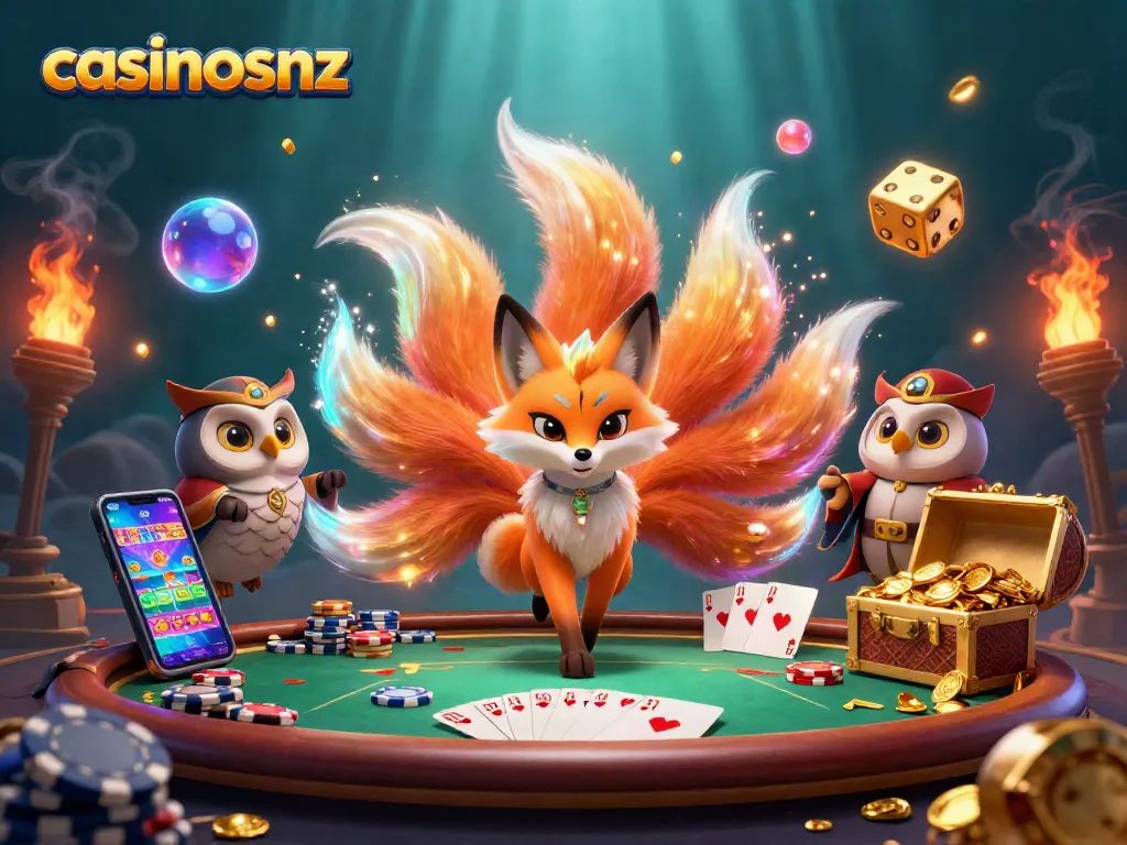 Engage in thrilling poker action at casinosnz with vibrant illustration of a fox spirit and wise owl.