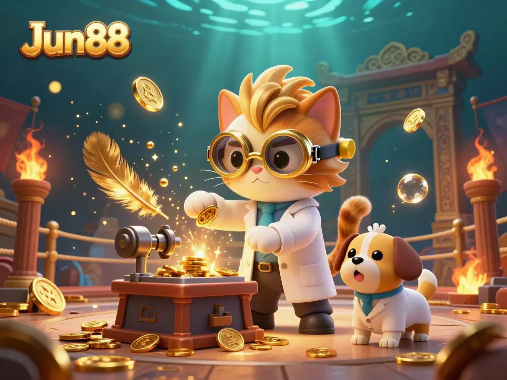 Engage in exciting games at Jun88, featuring a dynamic scene of a mad scientist cat and dog assistant in a whimsical casino setting.
