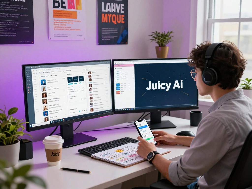 Data analyst utilizing Juicy ai in a vibrant digital marketing workspace with analytics on multiple screens.
