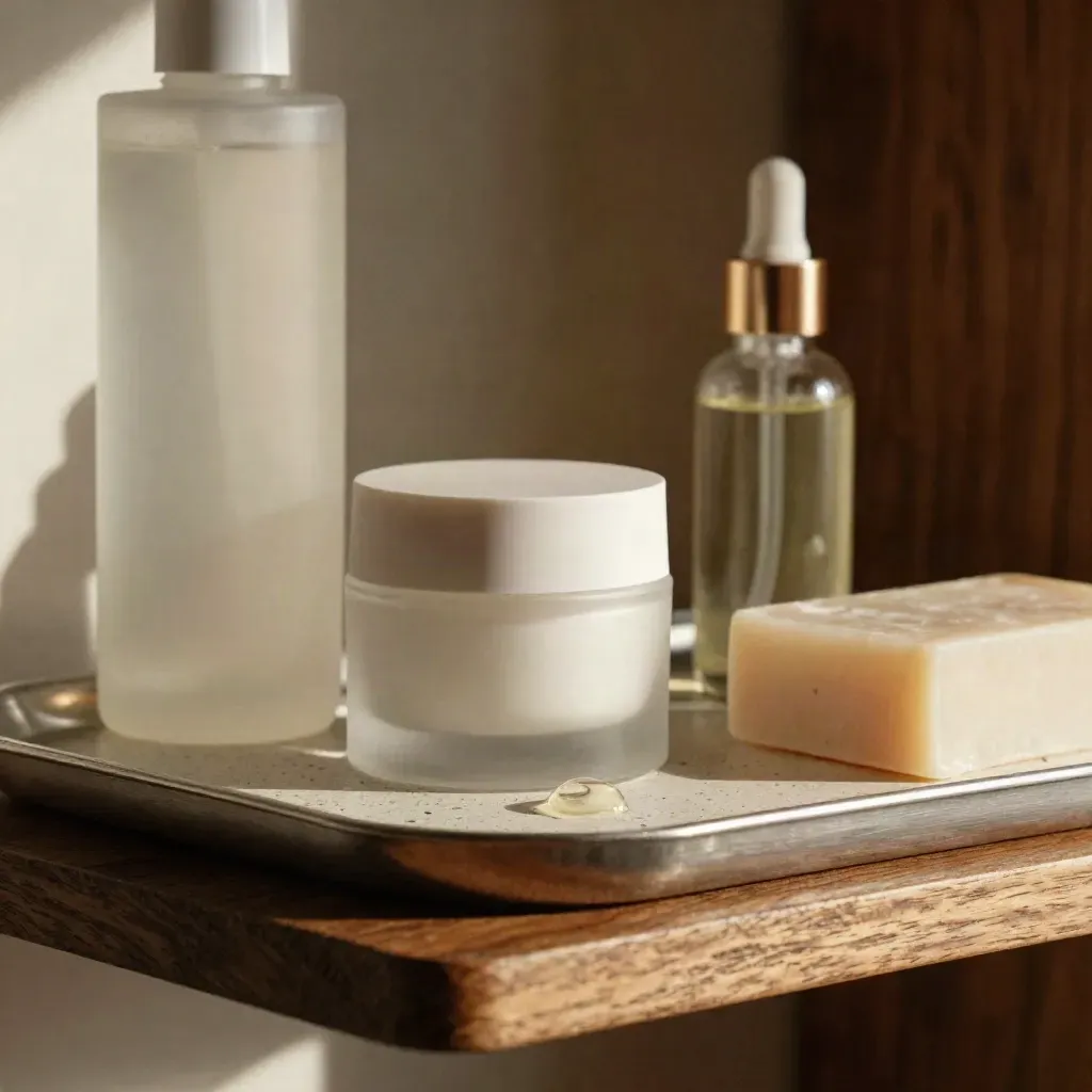 Mensola di cosmetici naturali con detergente, crema, olio viso e sapone su vassoio metallico.