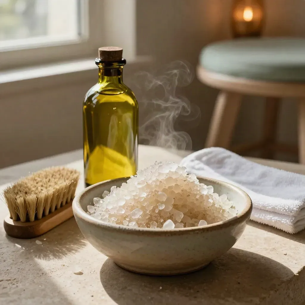 Rituale corpo al sale con scrub, olio, spazzola e guanto su sgabello chiaro