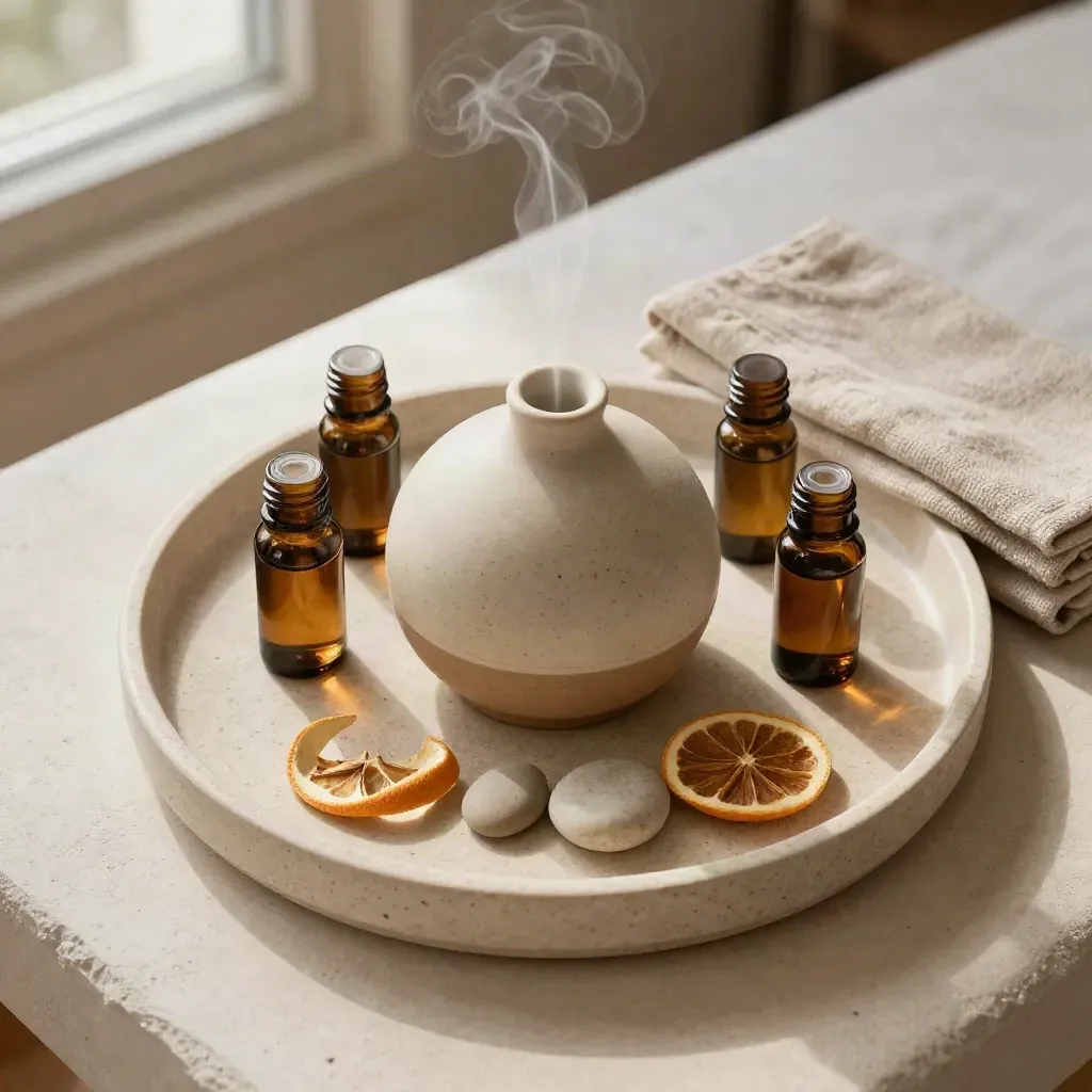 Diffusore in ceramica con oli essenziali, scorze di agrumi e vapore su vassoio di travertino.