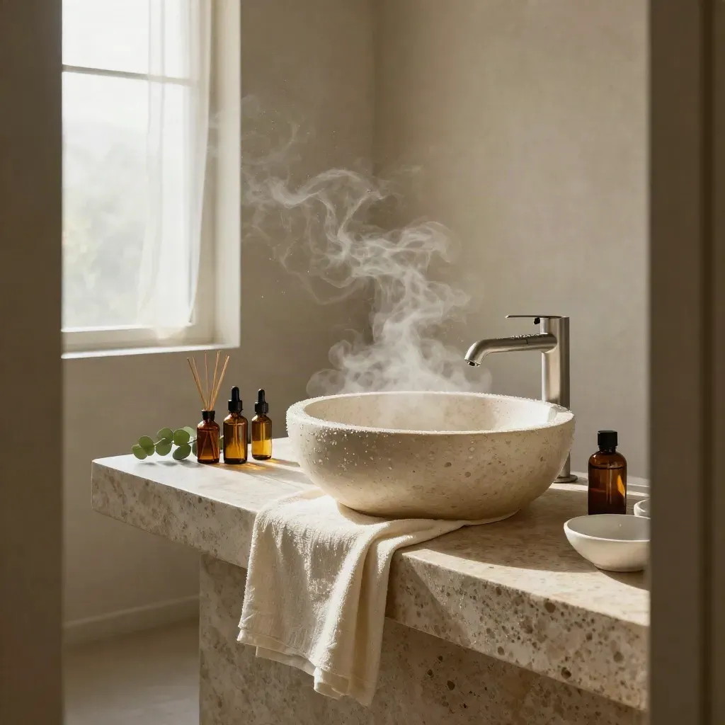 Sala trattamenti con lavabo in travertino, lino crema, oli ambrati e vapore del mattino.