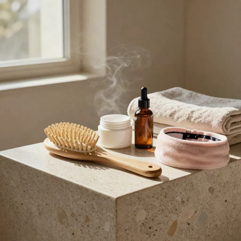 Set consulenza pelle e capelli con pettine, spazzola, siero e fascia su pietra chiara.