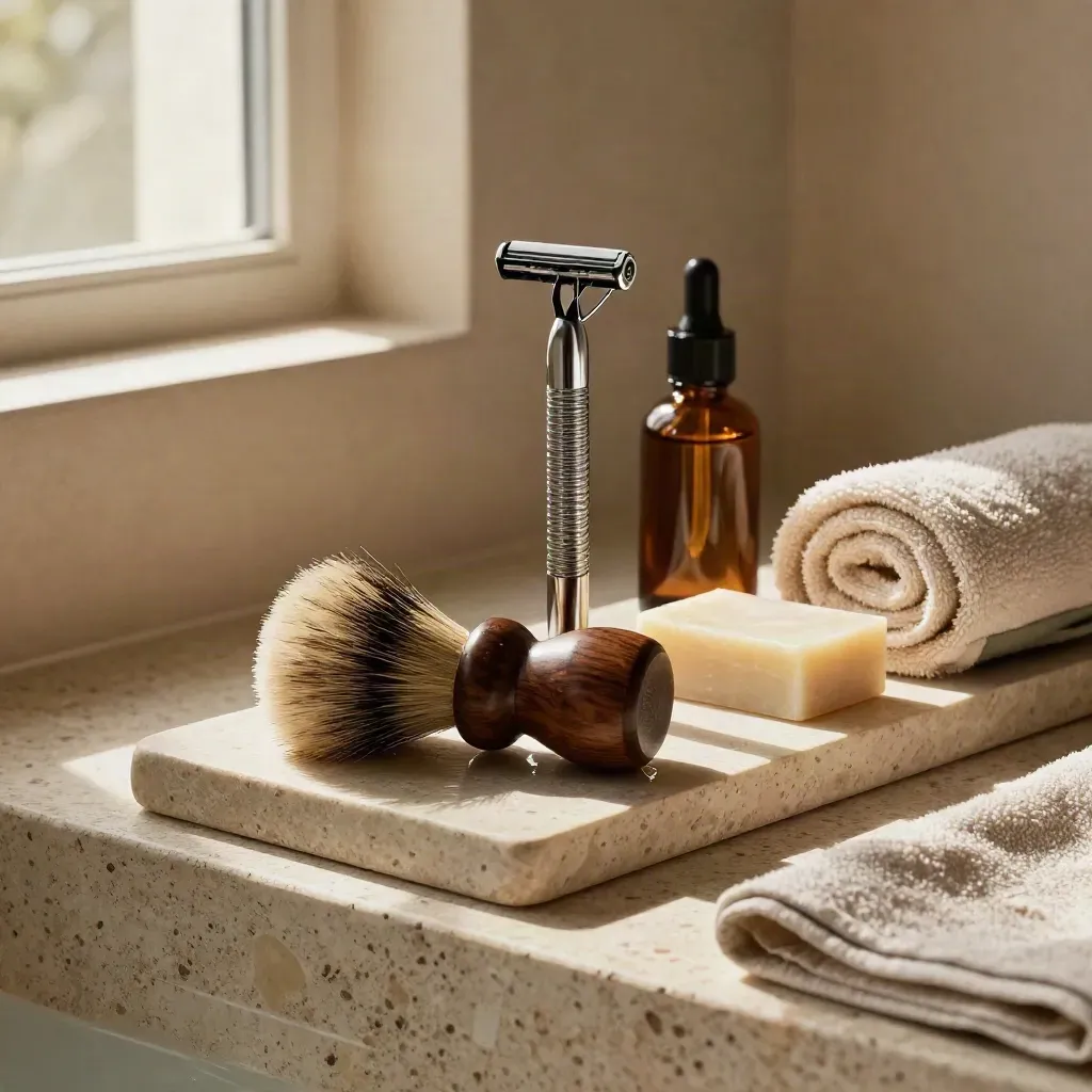 Set da grooming maschile con pennello da barba, rasoio e olio su pietra, luce calda.