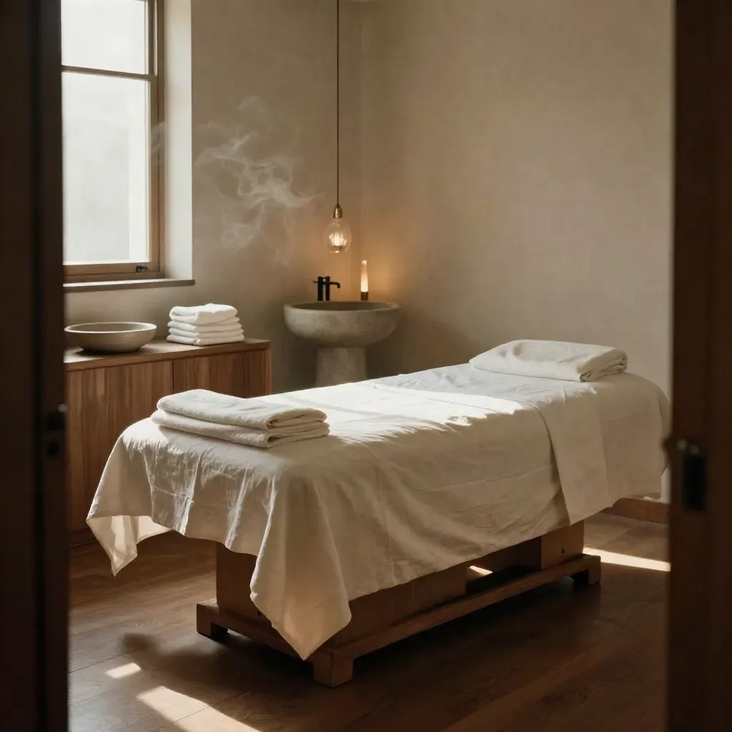 Sala trattamenti viso con lettino rifatto, lavabo, asciugamani e diffusore acceso.