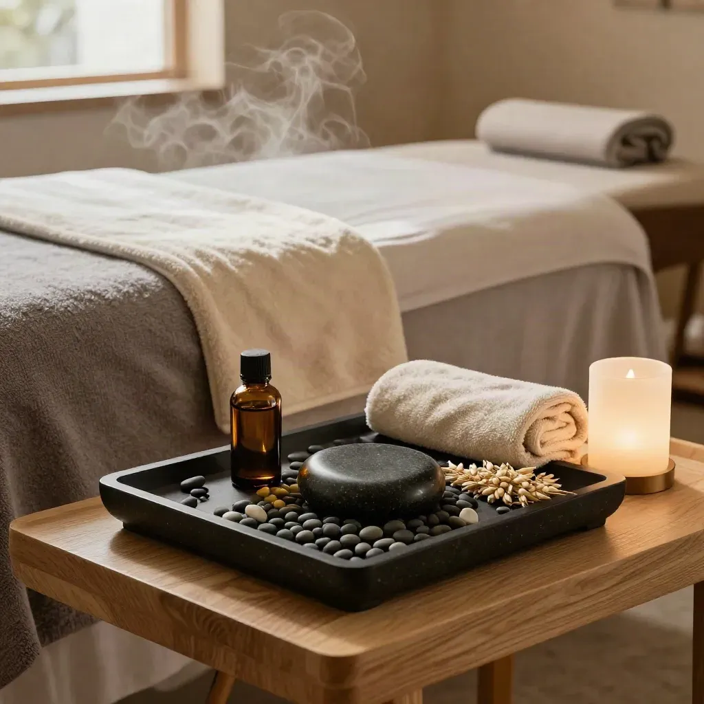Letto da massaggio con pietre calde, olio, coperta arrotolata e lampada soffusa in una spa