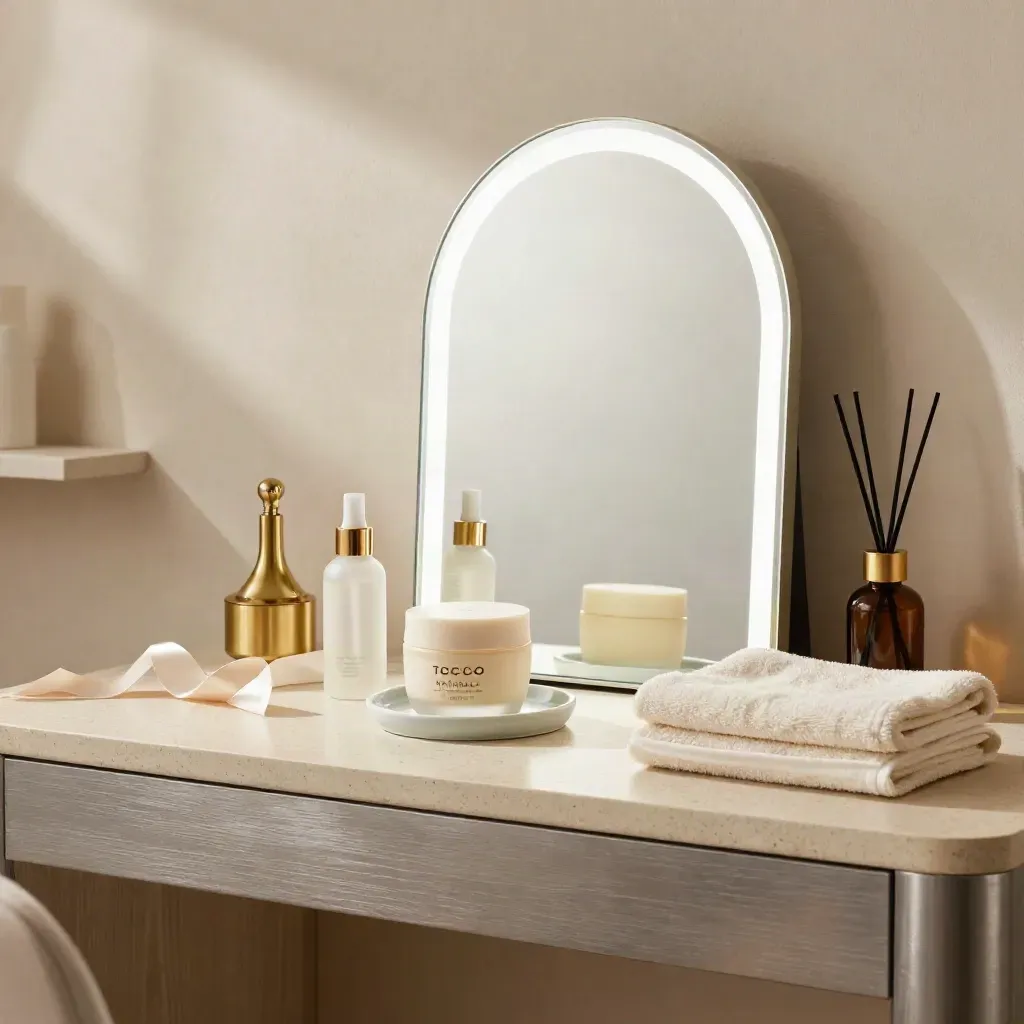 Vanity bridal-ready con crema, spray, nastro di seta, asciugamano e specchio luminoso.