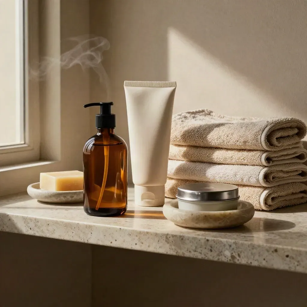 Mensola da grooming maschile con olio barba, detergente, sapone da barba, asciugamani e vassoio in pietra.