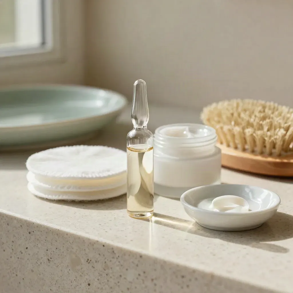 Kit per consulenza pelle con fiale siero, vasetto crema, dischetti e spazzola su pietra chiara