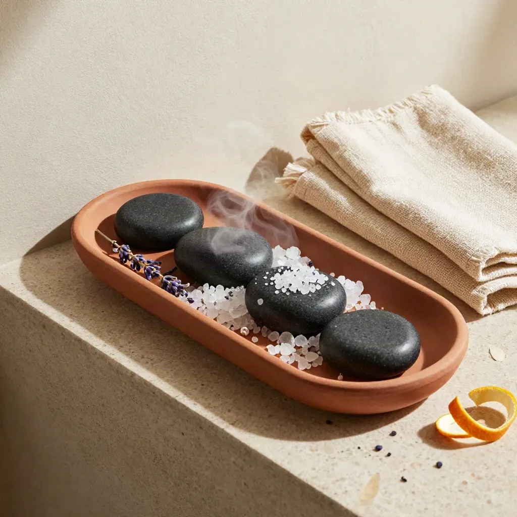 Ingredienti spa con pietre calde, sale marino, lavanda, agrumi e lino su travertino caldo.