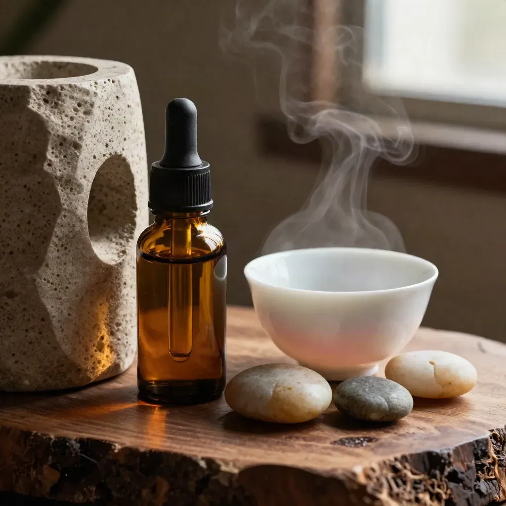Bottiglie d’olio essenziale, diffusore in pietra, tazza di tè e sassi levigati su noce.