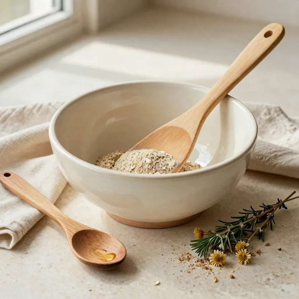 Bowl di ceramica, spatola in bambù e lino con erbe secche su travertino.