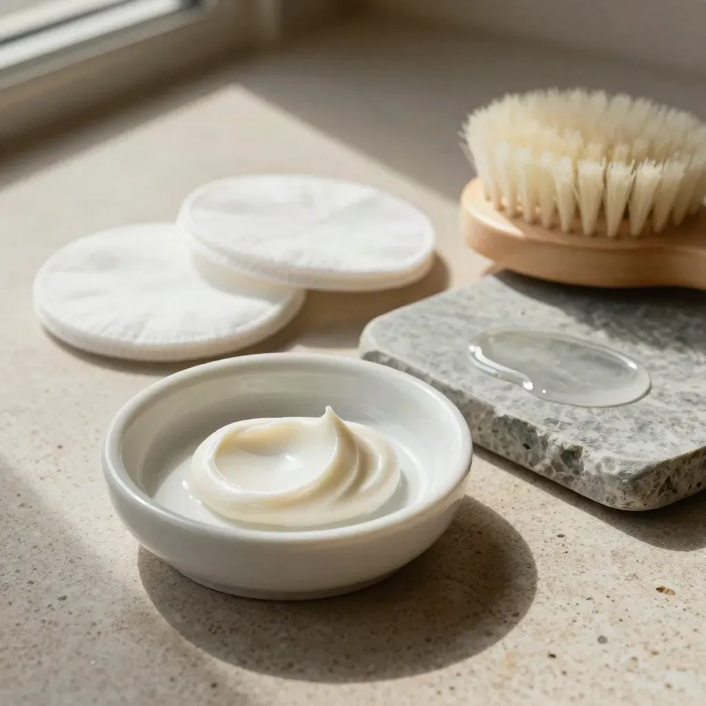 Still life per analisi della pelle con crema, dischetti di cotone, spazzola e ciotola in ceramica