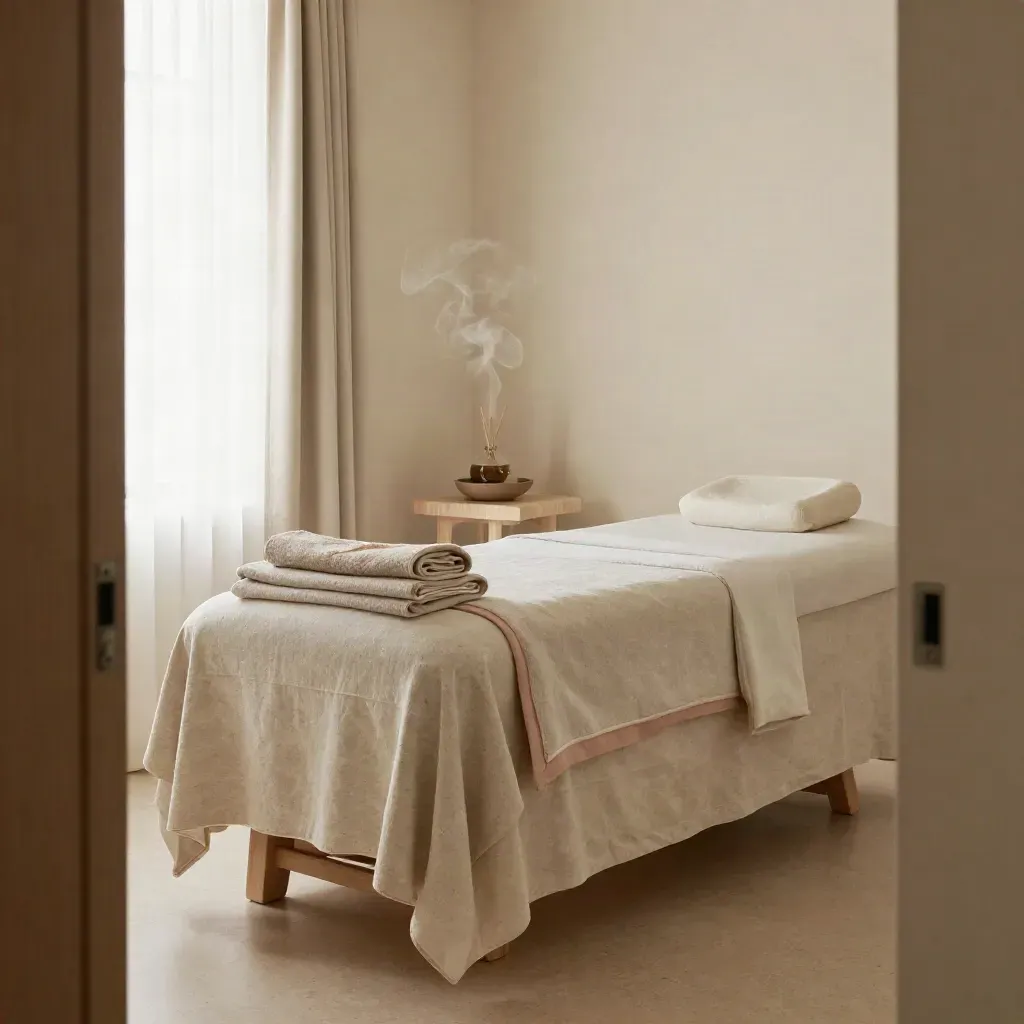 Cabina spa con lettino, asciugamani caldi, ciotola in ceramica e diffusore in luce soffusa