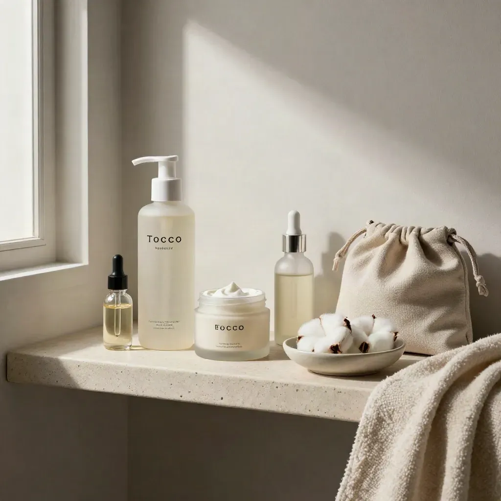 Set routine casa con cleanser, crema, olio, siero, dischetti e sacchetto di lino su pietra