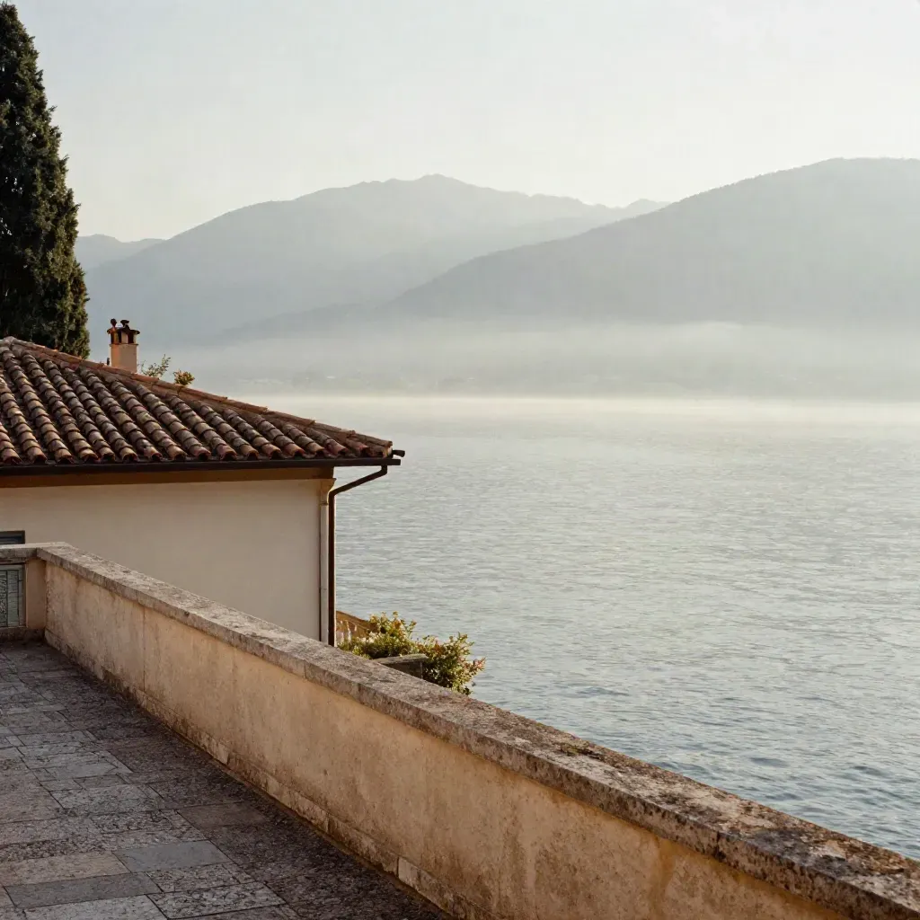 Lago di Como all’alba con ville, tetti e foschia sopra l’acqua calma