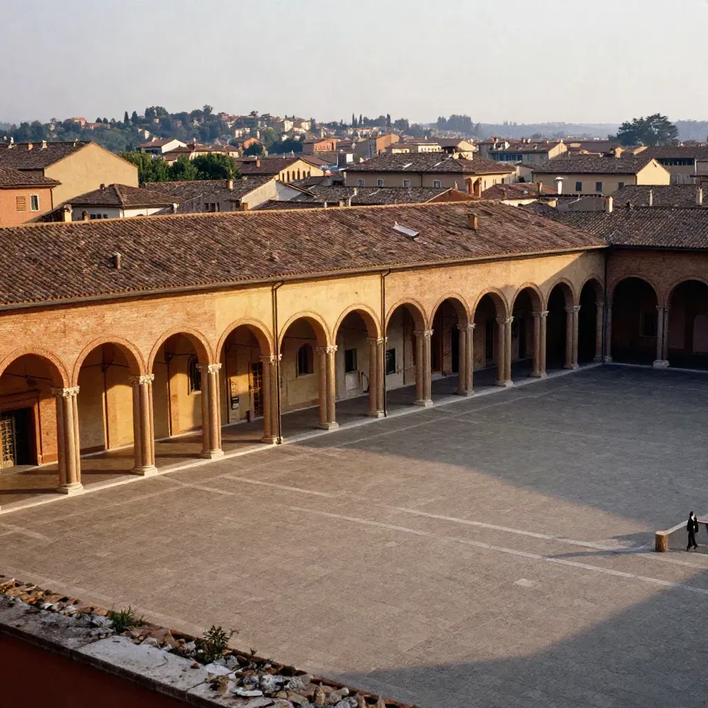Vista di Bologna con portici e tetti in terracotta sotto una luce calda e velata.