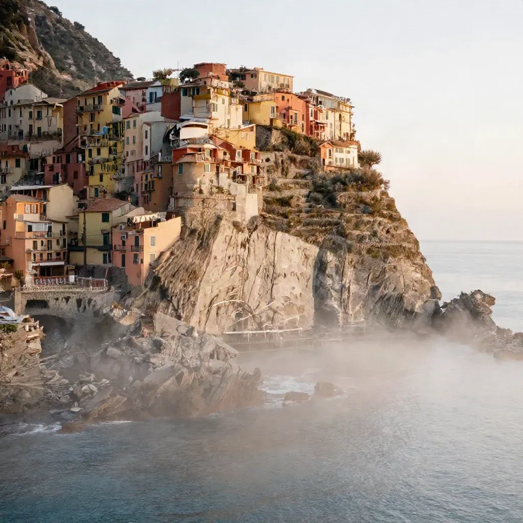 Borgo delle Cinque Terre tra terrazze, mare pallido e nebbia del mattino.