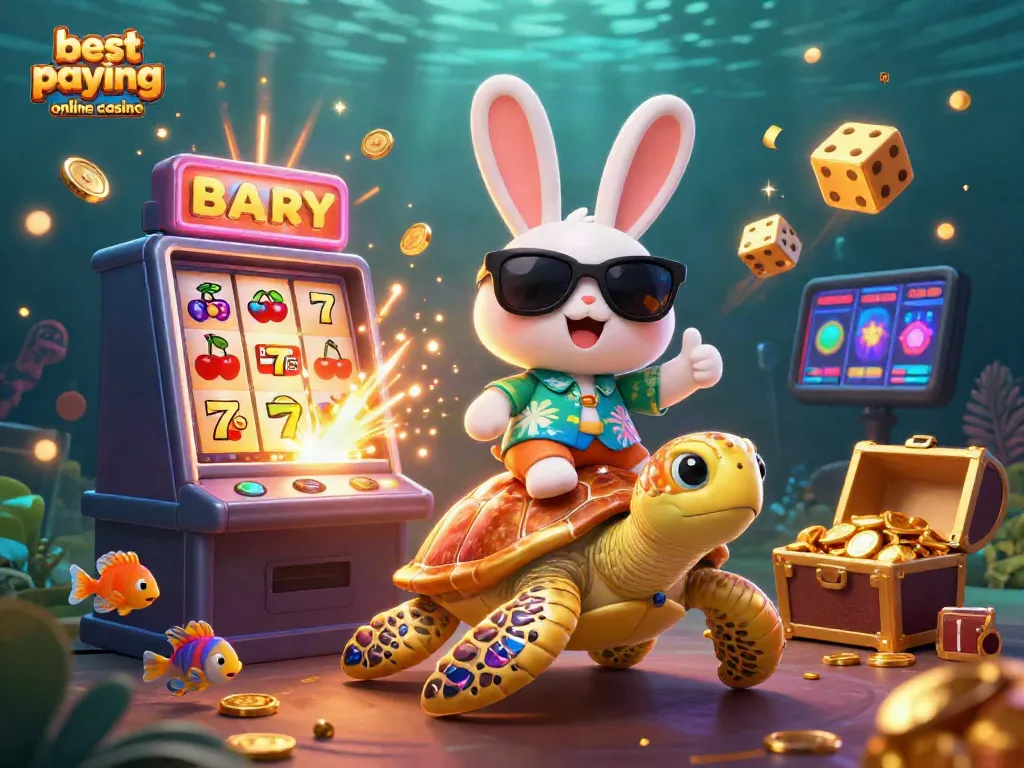 Experience the thrill of the best paying online casino, featuring a lucky cartoon rabbit and a golden turtle surrounded by vibrant casino elements.
