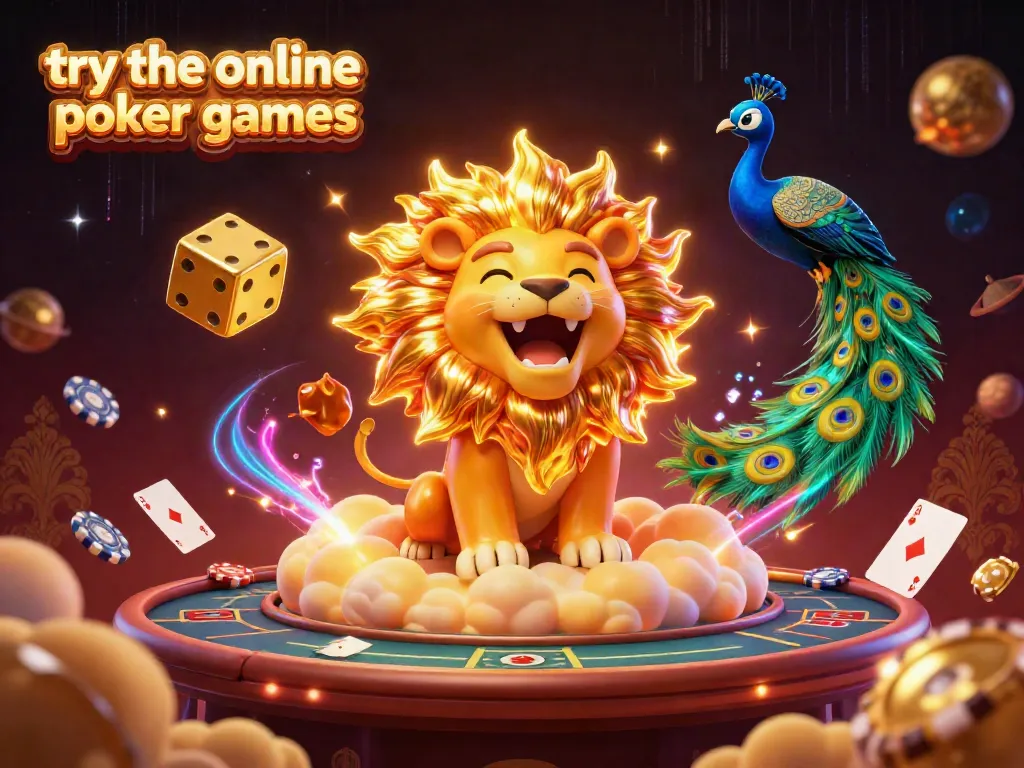 Try the online poker games with a vibrant illustration of poker elements and characters celebrating victory.