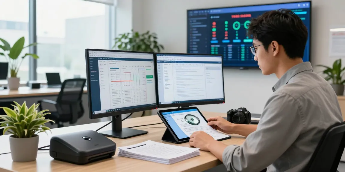 Expert analysis of document fraud detection in a modern corporate workspace showcasing advanced technology and collaboration tools.